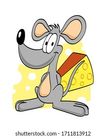 Cute grey smiling mouse standing with cheddar cheese in the background. Cartoon style vector illustration.