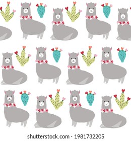 Cute Grey Smiling Resting and Standing Llama with Green cactus and Red Flowers Repeat Seamless Vector Pattern Background Illustration