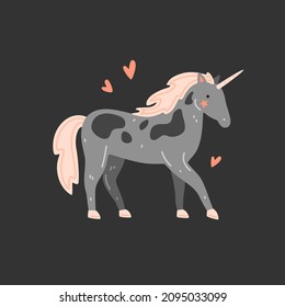 Cute grey spotted unicorn with black mane in cartoon style. Vector flat illustration