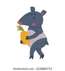 Cute Grey Tapir Animal with Proboscis Carrying Pineapple Fruit Vector Illustration