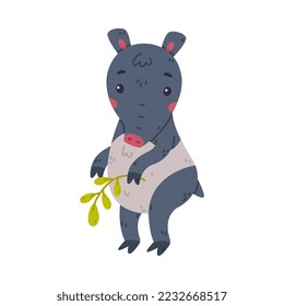 Cute Grey Tapir Animal with Proboscis Standing with Green Twig Vector Illustration