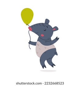 Cute Grey Tapir Animal with Proboscis Walking with Green Toy Balloon Vector Illustration