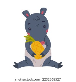 Cute Grey Tapir Animal with Proboscis Sitting with Pineapple Vector Illustration