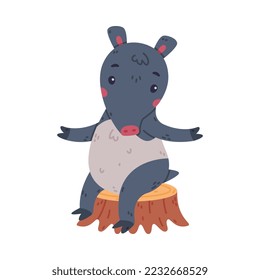 Cute Grey Tapir Animal with Proboscis Sitting on Tree Stump Vector Illustration