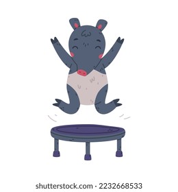 Cute Grey Tapir Animal with Proboscis Jumping on Trampoline Vector Illustration