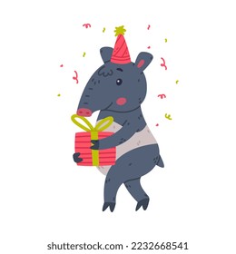 Cute Grey Tapir Animal with Proboscis Wearing Birthday Hat Carrying Gift Box Vector Illustration