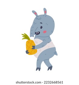 Cute Grey Tapir Animal with Proboscis Carrying Pineapple Fruit Vector Illustration