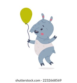 Cute Grey Tapir Animal with Proboscis Walking with Green Toy Balloon Vector Illustration