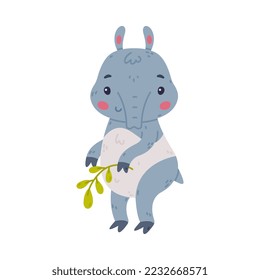 Cute Grey Tapir Animal with Proboscis Standing with Green Twig Vector Illustration