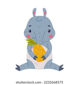 Cute Grey Tapir Animal with Proboscis Sitting with Pineapple Vector Illustration