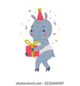 Cute Grey Tapir Animal with Proboscis Wearing Birthday Hat Carrying Gift Box Vector Illustration