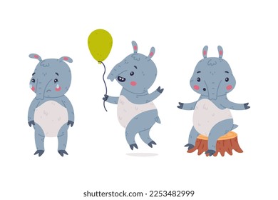 Cute Grey Tapir Animal with Proboscis with Balloon, Crying and Sitting on Tree Stump Vector Set