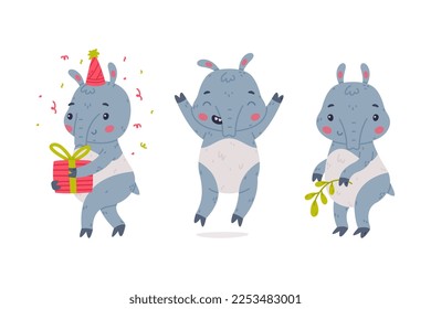 Cute Grey Tapir Animal with Proboscis Holding Gift Box and Jumping Vector Set