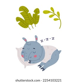 Cute Grey Tapir Animal with Proboscis Sleeping on Pillow and Green Foliage Vector Set