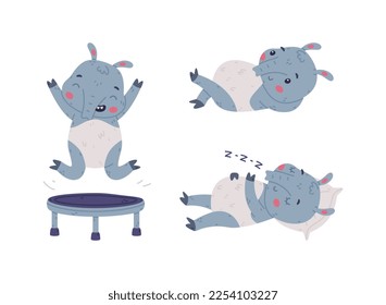 Cute Grey Tapir Animal with Proboscis Sleeping and Jumping on Trampoline Vector Set