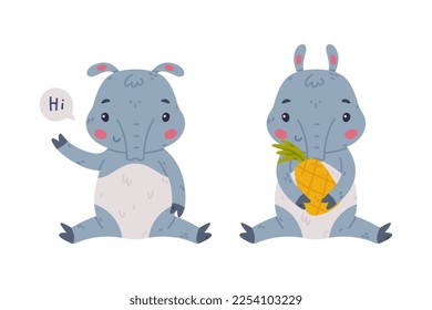 Cute Grey Tapir Animal with Proboscis Sitting with Pineapple and Greeting Vector Set