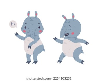 Cute Grey Tapir Animal with Proboscis Running and Saying Hi Vector Set