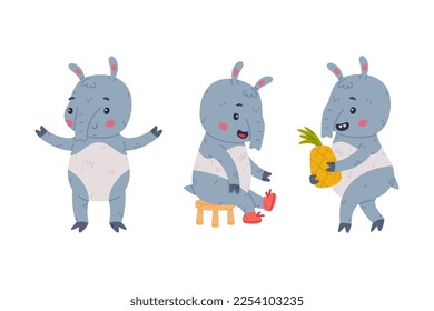 Cute Grey Tapir Animal with Proboscis Wearing Shoes and Carrying Pineapple Vector Set