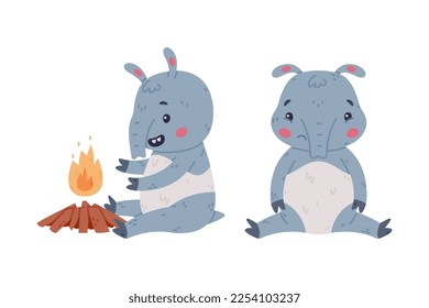 Cute Grey Tapir Animal with Proboscis Warming at Fire and Sitting with Sad Grimace Vector Set