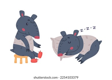 Cute Grey Tapir Animal with Proboscis Wearing Shoes and Sleeping on Pillow Vector Set