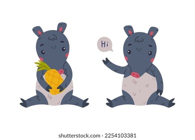 Cute Grey Tapir Animal with Proboscis Sitting with Pineapple and Saying Hi Vector Set