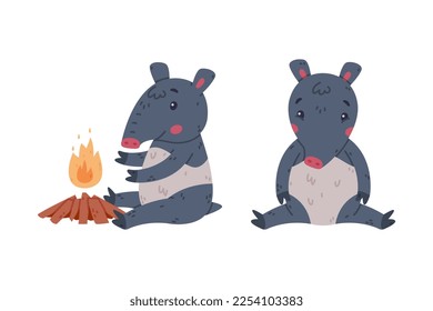 Cute Grey Tapir Animal with Proboscis Sitting with Sad Face and Warming at Fire Vector Set