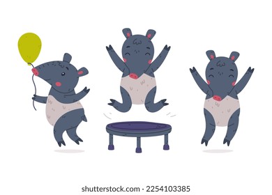 Cute Grey Tapir Animal with Proboscis Jumping on Trampoline and Holding Balloon Vector Set