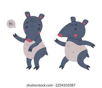 Cute Grey Tapir Animal with Proboscis Running and Greeting Vector Set