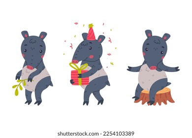 Cute Grey Tapir Animal with Proboscis Sitting on Tree Stump and with Gift Box Vector Set