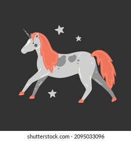 Cute grey unicorn with black mane in cartoon style. Vector flat illustration