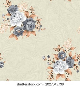 cute grey vector flowers with brown leaves bunches pattern on stock leaf cream background