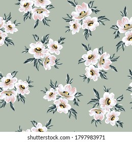cute grey vector flowers leaves bunches pattern on green background