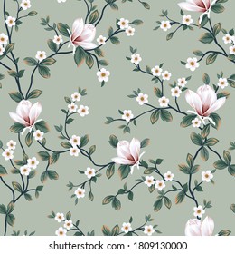 cute grey vector small flowers with green leaves pattern on green background