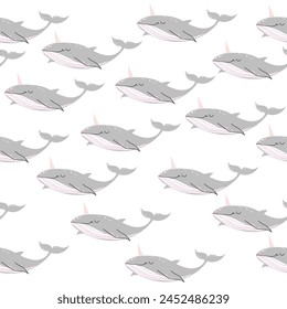 Cute grey whale narwal on a white background seamless pattern. T-shirt art, pajamas print