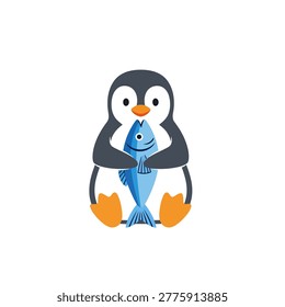 A cute grey and white penguin sitting on the floor, holding a large blue fish vertically with both flippers in the exact same pose as the reference. Flat vector mascot design.