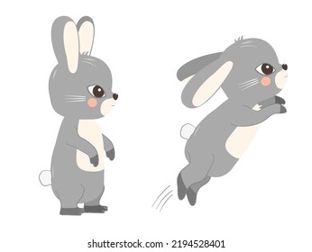 Cute grey and white rabbit vector images. Rabbit standing straight and rabbit hopping sideways.