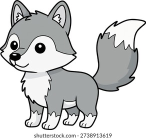 Cute grey wolf cartoon icon for forest wildlife animal character and wilderness nature conservation branding