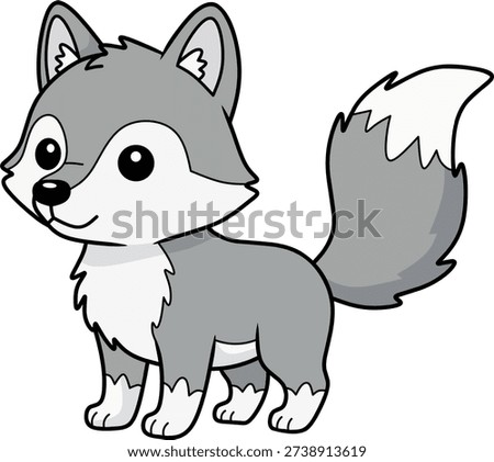 Cute grey wolf cartoon icon for forest wildlife animal character and wilderness nature conservation branding
