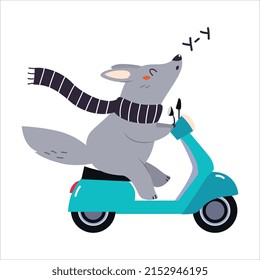 Cute Grey Wolf Character in Scarf Riding Motor Scooter or Motorcycle and Howling Vector Illustration