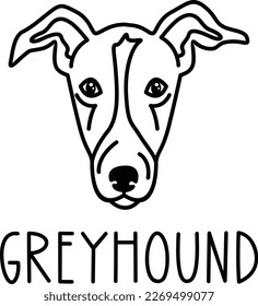 Cute greyhound face. Dog head icon. Hand drawn isolated vector illustration in doodle style on white background