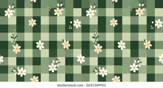 Cute Grid Green Palette Color Aesthetic Spring with Flower Wallpaper. Green Color Checker Seamless Pattern. Vector Illustration.