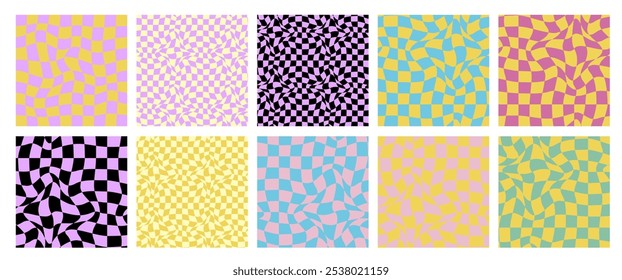 Cute grid seamless patterns. Groovy distorted vector background. Collection of colorful wavy retro groovy backgrounds. Flowy geometric psychedelic bg. Trippy chess print. Abstract doodle Y2k style kit