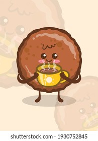 Cute grill ham holding a coffee cup. cartoon character.