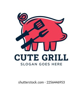 cute grill logo design template. isolated on horizontal white background. combination pig and tool for barbeque. doodle style with blue and pink colors