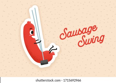 Cute grill sausage character vector illustration. Children menu, invitation card design element. Funny grill party.