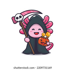 Cute grim reaper axolotl holding scythe and halloween pumpkin. Cute halloween cartoon illustration. 