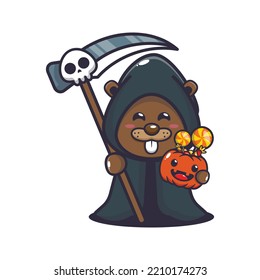 Cute grim reaper beaver holding scythe and halloween pumpkin. Cute halloween cartoon illustration. 