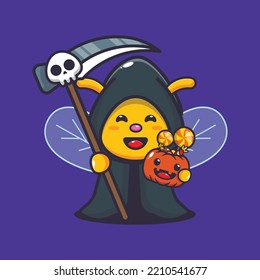 Cute grim reaper bee holding scythe and halloween pumpkin. Cute halloween cartoon illustration. 
