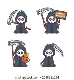 cute grim reaper cartoon illustration.cute halloween cartoon vector illustration. Vector isolated flat illustration for poster, brochure, web, mascot, sticker, logo and icon.