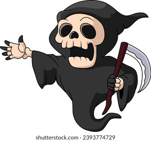 Cute grim reaper cartoon on white background